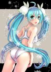  1girl ass back blue_eyes blue_hair competition_swimsuit flower hair_flower hair_ornament hairband hatsune_miku katahira_masashi long_hair looking_at_viewer looking_back one-piece_swimsuit open_mouth smile solo swimsuit twintails very_long_hair vocaloid 
