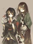  2girls animal black_hair bow brown_eyes brown_hair checkered checkered_scarf dress futatsuiwa_mamizou futatsuiwa_mamizou_(human) glasses hands_in_pockets hisona_(suaritesumi) houjuu_nue japanese_clothes leaf leaf_on_head long_hair long_sleeves looking_at_another multiple_girls obi one_eye_closed open_mouth pants pom_pom_(clothes) red_eyes sash scarf short_hair simple_background smile snake thigh-highs touhou vest wide_sleeves wings wrist_cuffs zettai_ryouiki 