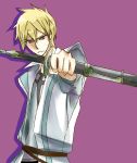  1boy alfonso_san_valiante belt blonde_hair blue_eyes garo:honoo_no_kokuin garo_(series) highres male outstretched_arm short_hair solo spiky_hair sword vest weapon 