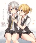  2girls asymmetrical_hair bangs bare_legs black_skirt blonde_hair collared_shirt flipped_hair grey_eyes hand_on_another&#039;s_chest hand_on_another&#039;s_face kantai_collection maikaze_(kantai_collection) multiple_girls necktie nowaki_(kantai_collection) open_clothes open_vest pleated_skirt ponytail school_uniform short_hair short_ponytail silver_hair sitting skirt swept_bangs vest white_background yukihama 