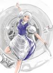  1girl apron braid cup dole foreshortening gears izayoi_sakuya knife lips looking_at_viewer maid_apron maid_headdress plate pocket_watch red_eyes short_hair smile solo spilling teacup touhou tray twin_braids watch white_hair 