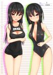  2girls black_hair blush breast_hold breasts cleavage cleavage_cutout contrapposto cowboy_shot front_zipper_swimsuit highres kurokami_(kurokaminohito) long_hair looking_at_viewer multiple_girls one-piece_swimsuit open_mouth original school_swimsuit short_hair smile swimsuit unzipping yellow_eyes 