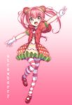  1girl dress food food_themed_clothes fruit gan_(shanimuni) gloves long_hair mary_janes original outstretched_arms pink_eyes pink_hair shoes solo spread_arms standing_on_one_leg strawberry strawberry_hair_ornament striped striped_legwear twintails v 