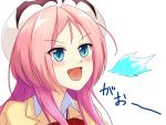  1girl aqua_eyes blazer breasts dra+koi fang fire_breathing hat heroine_(dra+koi) large_breasts long_hair looking_at_viewer open_mouth pink_hair school_uniform slit_pupils smile solo 