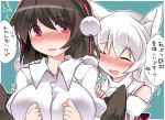  2girls animal_ears black_hair blush breasts commentary_request detached_sleeves hammer_(sunset_beach) inubashiri_momiji large_breasts looking_at_viewer multiple_girls open_mouth red_eyes shameimaru_aya short_hair smile touhou translation_request white_hair wolf_ears 