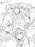  6+boys :o character_request clenched_teeth doutanuki_masakuni hair_flaps hat hotarumaru japanese_clothes jirou_tachi looking_at_viewer male_focus mikazuki_munechika monochrome multiple_boys short_hair simple_background smile touken_ranbu tsurumaru_kuninaga white_background zuwai_kani 