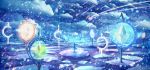  1girl blue bou_nin capelet clouds cloudy_sky comet crystal dress fantasy highres light_particles long_hair looking_away original scenery sky solo water wind 