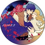  1boy 1girl blonde_hair blue_hair carrying dated dress erina_pendleton flower hetero jojo_no_kimyou_na_bouken jonathan_joestar princess_carry rose ship takashi_(huzakenna) vest 