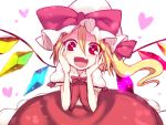  1girl blonde_hair check_commentary commentary_request fang flandre_scarlet hands_on_own_cheeks hands_on_own_face hat hat_ribbon heart kuresento long_hair mob_cap open_mouth puffy_short_sleeves puffy_sleeves red_eyes ribbon shirt short_sleeves side_ponytail skirt skirt_set smile solo touhou vest wings 