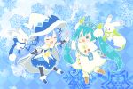  2014 2015 2girls ahoge aqua_eyes aqua_hair blue_hair boots character_name checkered checkered_background chibi closed_eyes dual_persona fingerless_gloves gloves hat hatsune_miku long_hair magical_girl multiple_girls open_mouth pantyhose rabbit samsung_(yuzuikka) scarf skirt snowflakes twintails very_long_hair vocaloid wand witch_hat yuki_miku 