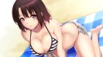  1girl barefoot bikini blush breasts brown_eyes brown_hair cleavage highres katou_megumi large_breasts lintanghaseo mattress revision saenai_heroine_no_sodatekata sand short_hair side-tie_bikini smile solo striped striped_bikini striped_swimsuit swimsuit 