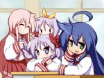  4girls ahoge blue_eyes blue_hair closed_eyes glasses green_eyes hiiragi_kagami hiiragi_tsukasa izumi_konata long_hair lucky_star mizushima_(p201112) multiple_girls pink_hair purple_hair school_desk school_uniform serafuku short_hair takara_miyuki twintails 