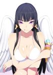  1girl :p bare_shoulders bikini bird_wings black_hair blush breast_hold breasts cleavage collarbone crossed_arms dead_or_alive dead_or_alive_5 eyeshadow gradient gradient_background highres hime_cut holding ice_cream_cone konishiki_(52siki) large_breasts lavender_background licking_lips light_smile long_hair looking_at_viewer makeup mole mole_under_mouth nyotengu shiny shiny_skin solo swimsuit tongue tongue_out upper_body violet_eyes white_bikini white_swimsuit white_wings wings 