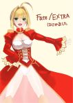  1girl ahoge blonde_hair breasts dress epaulettes fate/extra fate_(series) green_eyes highres red_dress saber_extra see-through solo ycco_(estrella) 