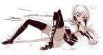  1girl blush boots breasts cleavage dark_elf dark_skin elf grass long_hair lying on_back oota_yuuichi original pointy_ears ponytail sepia skirt solo thigh-highs translation_request vambraces 