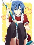  1boy ahoge apron black_legwear blue_eyes blue_hair blush broom cardfight!!_vanguard crossdressinging hiiroichi male male_focus open_mouth sendou_aichi short_hair solo thighhighs trap 