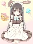  1girl animal_ears apron blush breasts brown_eyes brown_hair cat_ears long_hair looking_at_viewer maid open_mouth original ribbon sitting solo text tounyu_melon 