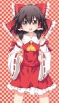  1girl ascot bare_shoulders black_hair bow brown_eyes checkered checkered_background detached_sleeves hair_bow hair_tubes hakurei_reimu hands_on_hips open_mouth raised_eyebrow solo touhou yukari_yukke 