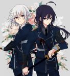  2boys ahoge anzai105 black_hair double-breasted flower grey_background honebami_toushirou katana male_focus military military_uniform multiple_boys namazuo_toushirou necktie ponytail sode sword touken_ranbu uniform violet_eyes weapon white_hair 