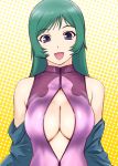  1girl :d bare_shoulders breasts cleavage cleavage_cutout front_zipper_swimsuit gradient gradient_background green_hair kotona_elegance large_breasts lips long_hair looking_at_viewer one-piece_swimsuit open_mouth polka_dot polka_dot_background shiny shiny_clothes shiny_hair smile solo swimsuit ueyama_michirou unzipped violet_eyes yellow_background zipper zoids zoids_genesis 