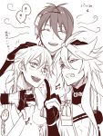  3boys blush clenched_teeth closed_eyes fangs gloves hand_on_another&#039;s_head index_finger_raised kogitsunemaru long_hair male_focus mikazuki_munechika monochrome multiple_boys open_mouth partly_fingerless_gloves short_hair thumbs_down touken_ranbu translation_request tsurumaru_kuninaga zuwai_kani 