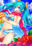  1girl :d absurdres aqua_eyes aqua_hair ball bikini breasts cleavage flower hatsune_miku highres long_hair navel nonomaro open_mouth red_scarf scarf sky smile solo striped striped_bikini striped_swimsuit swimsuit twintails very_long_hair vocaloid 