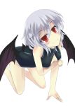  1girl akisome_hatsuka all_fours alternate_costume bat_wings front_zipper_swimsuit hair_between_eyes lavender_hair looking_at_viewer one-piece_swimsuit red_eyes remilia_scarlet short_hair small_breasts smile solo swimsuit touhou wings 