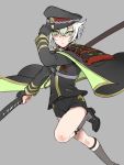  1boy :o cape green_eyes grey_background grey_legwear hair_flaps hat hotarumaru looking_at_viewer male_focus military military_uniform nodachi sheath sheathed shoes short_hair shorts simple_background sock_garters socks sode solo touken_ranbu uniform white_hair zuwai_kani 