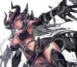  1girl aoin breasts cleavage forehead_jewel gloves helmet league_of_legends pauldrons silver_hair smile syndra thigh-highs violet_eyes 