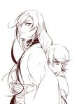  2boys age_difference earrings height_difference horikawa_kunihiro hug hug_from_behind izumi-no-kami_kanesada japanese_clothes jewelry long_hair looking_at_viewer male_focus monochrome multiple_boys short_hair simple_background touken_ranbu white_background zuwai_kani 