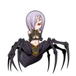  1girl aoba_kino arachne breasts chibi crossed_arms detached_sleeves extra_eyes full_body insect_girl large_breasts lavender_hair looking_at_viewer monster_girl monster_musume_no_iru_nichijou multiple_legs navel rachnera_arachnera red_eyes simple_background smile solid_eyes solo spider_girl under_boob white_background 