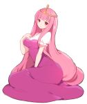  1girl adventure_time dress kuma.p long_hair pink_dress pink_hair pink_skin princess_bonnibel_bubblegum sitting solo tiara 
