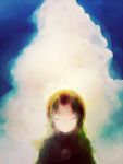  1girl backlighting blue_sky capelet closed_eyes clouds commentary_request eyelashes hood kumoi_ichirin light_smile long_hair peaceful sky solo sweat touhou tsukamoto_seiniku upper_body 