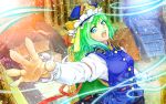  1girl blue_eyes chair epaulettes fingernails green_hair hat hat_ribbon light_particles light_trail long_sleeves looking_at_viewer open_mouth outstretched_arm reaching_out ribbon ribbon-trimmed_skirt shiki_eiki shikitsuki short_hair skirt stairs touhou vest 