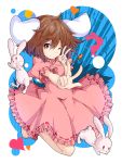  1girl animal_ears barefoot brown_eyes brown_hair carrot dress heart highres inaba_tewi ishimu jewelry kneeling necklace one_eye_closed pendant pink_dress pose puffy_short_sleeves puffy_sleeves rabbit rabbit_ears short_sleeves smile solo touhou v 