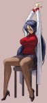  1girl arms_up black_hair black_legwear blush breasts chair eu03 glasses high_heels jewelry labcoat large_breasts long_hair looking_at_viewer minazuki_kyouko one_eye_closed pantyhose pencil_skirt ribbed_sweater rival_schools rival_schools:_united_by_fate simple_background sitting skirt smile solo sweater turtleneck turtleneck_sweater 