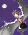  1girl artist_request bat_ears bat_girl bat_wings black_legwear bowtie brown_hair flying full_moon green_eyes looking_down monster_girl moon night night_sky no_humans open_mouth outline outstretched_arms skirt sky solo spread_arms tagme wings 