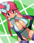  1girl blush breasts cleavage dutch_angle elbow_gloves front_zipper_swimsuit fuuro_(pokemon) gloves hair_ornament hand_on_hip hand_on_thigh highres large_breasts leaning_forward long_hair looking_at_viewer one-piece_swimsuit pokemon pokemon_(game) pokemon_bw redhead smile solo swimsuit thigh-highs unzipped violet_eyes 