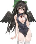  1girl 5240mosu :o bare_shoulders black_hair black_wings blush bow breasts cleavage hair_bow highres large_breasts long_hair looking_at_viewer parted_lips reiuji_utsuho simple_background sketch solo swimsuit symbol-shaped_pupils thigh-highs third_eye touhou very_long_hair white_legwear wings zipper 
