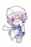  1girl bloomers breasts chibi frilled_skirt frills full_body hand_on_own_face hat letty_whiterock long_sleeves one_eye_closed outline purple_hair scarf short_hair shou_moeboshi simple_background skirt skirt_set solo standing touhou underwear violet_eyes white_background 