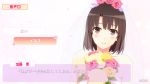  1girl bare_shoulders blush bouquet brown_eyes brown_hair collarbone flower gameplay_mechanics hair_ornament highres katou_megumi looking_at_viewer saenai_heroine_no_sodatekata short_hair smile solo translation_request undershaft veil 