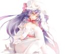  bare_shoulders blue_bow blue_eyes bow breasts cleavage covering covering_breasts crescent_hair_ornament elbow_gloves frilled_sleeves frills gloves hair_ornament hat head_tilt long_hair looking_at_viewer maruko mob_cap patchouli_knowledge purple_hair red_bow simple_background sitting touhou very_long_hair white_background 