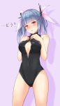  1girl black_swimsuit blue_hair breasts cleavage front_zipper_swimsuit hair_ribbon highres i-19_(kantai_collection) kantai_collection long_hair minagiku one-piece_swimsuit open_mouth red_eyes ribbon solo swimsuit twintails 
