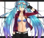  1girl 39 aqua_eyes aqua_hair belt bikini bikini_top cross finger_gun fingerless_gloves gloves goggles goggles_on_head hatsune_miku headphones isshiki_(ffmania7) jewelry letterboxed long_hair navel necklace one_eye_closed solo striped striped_bikini striped_swimsuit swimsuit tongue tongue_out twintails twitter_username very_long_hair vocaloid 