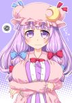 1girl blush bow breasts crescent_hair_ornament crossed_arms hair_bow hair_ornament hat large_breasts mukyuu patchouli_knowledge solo touhou violet_eyes yukari_yukke 