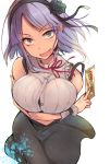  1girl breasts card dagashi_kashi hair_ribbon hairband large_breasts looking_at_viewer open_mouth pochi_(pochi-goya) purple_hair ribbon shidare_hotaru smile solo 