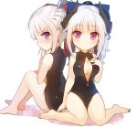  2girls black_swimsuit blonde_hair blue_eyes blush bow breasts cleavage demon_girl demon_horns earrings front_zipper_swimsuit hair_bow hand_on_own_chest horns jakoujika jewelry looking_at_viewer multiple_girls original ponytail silver_hair sitting swimsuit unzipped violet_eyes wariza zipper 