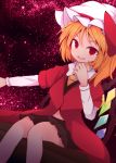  1girl ascot beni_shake blonde_hair bow flandre_scarlet hat hat_bow open_mouth red_eyes solo touhou wings 