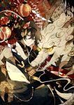  1boy black_hair blue_eyes dragon eastern_dragon flower horns japanese_clothes lantern male_focus mikazuki_munechika oriental_umbrella paper_lantern sagatsu_(miicat) sakazuki seigaiha smile touken_ranbu umbrella unmoving_pattern 