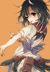  1girl bangle black_hair bow bracelet directional_arrow dress fingernails hisona_(suaritesumi) horns jewelry kijin_seija multicolored_hair orange_background red_eyes redhead short_hair simple_background smile solo streaked_hair tongue tongue_out touhou white_hair 